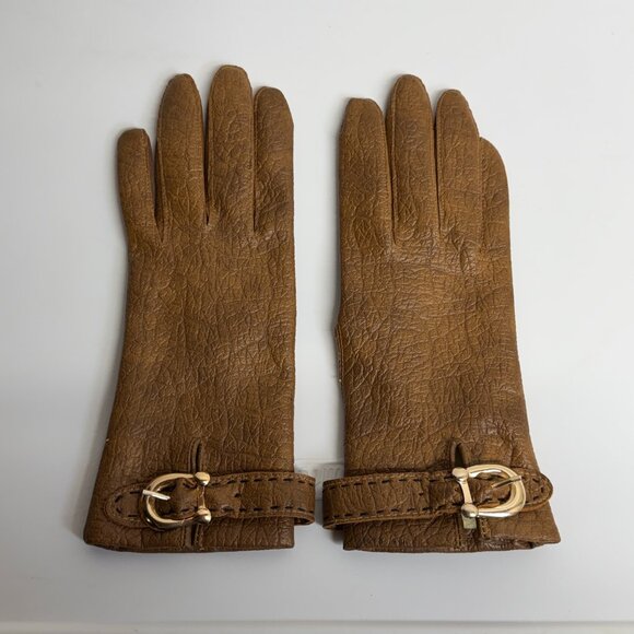 Vintage Women's Faux Leather Vinyl Textured Buckle Strap Gloves - Picture 1 of 6